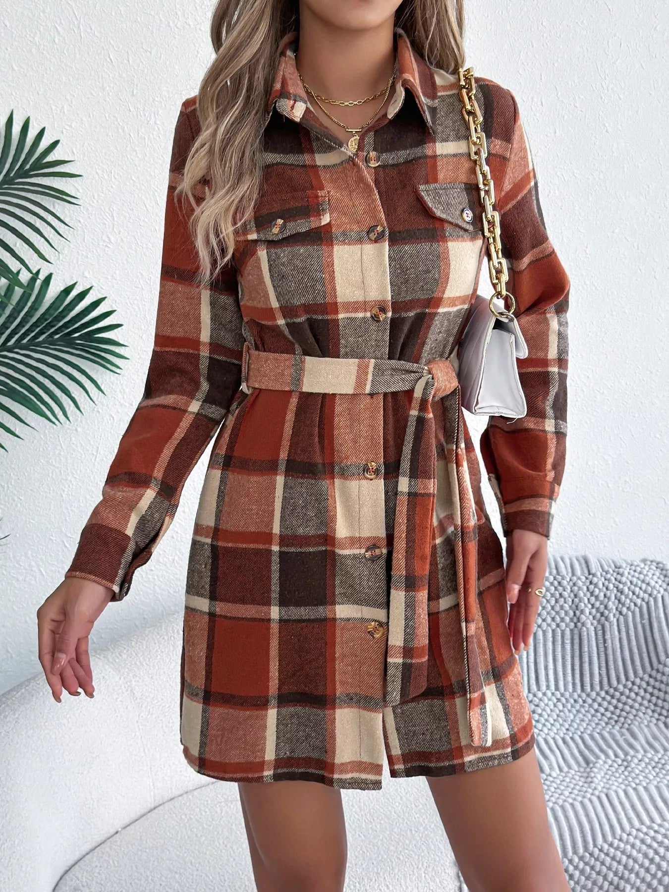 Rust Plaid Button Front Tie Waist Mini Shirt Dress