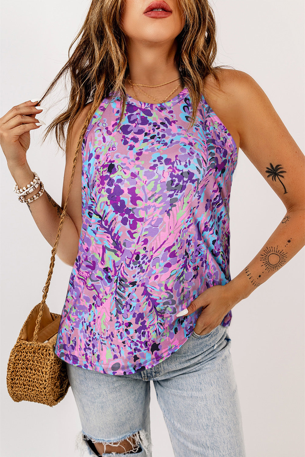 Multicolor Floral Print Round Neck Plus Size Tank Top