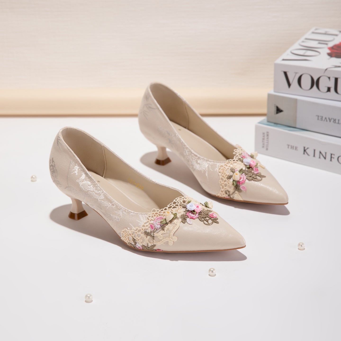 Beige Jacquard Kitten Heels – Pointed Toe Floral Embroidered Elegant Dress Shoe CJ Dropshipping Floral Pumps