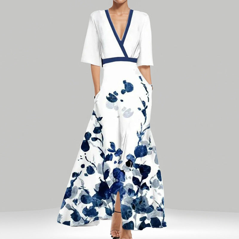 Classy Floral 3/4 Sleeve Peplum V-neck Maxi Dress White CJ Dropshipping Elegant Floral Maxi Dress