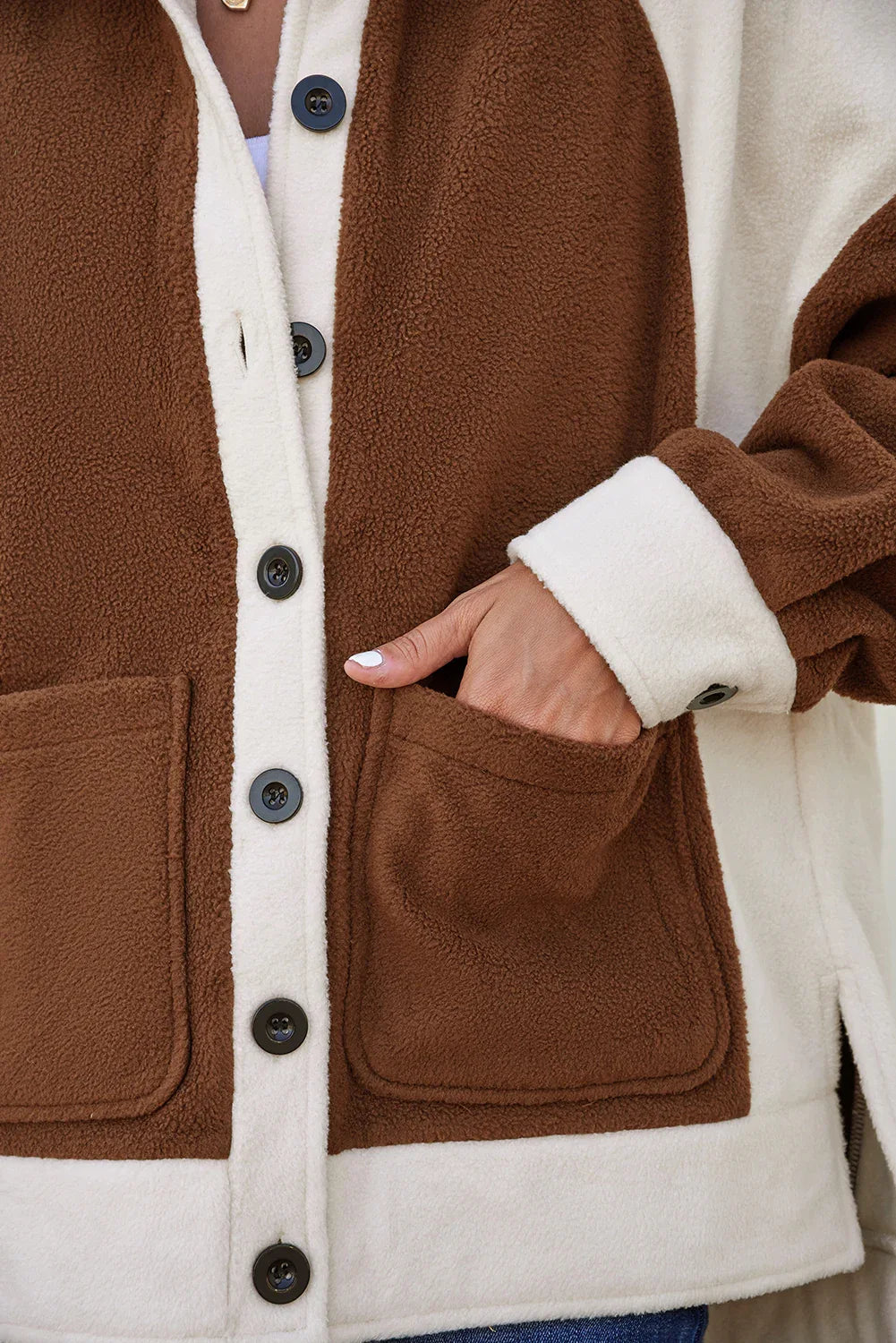 Brown Colorblock Button Down Fleece Shacket
