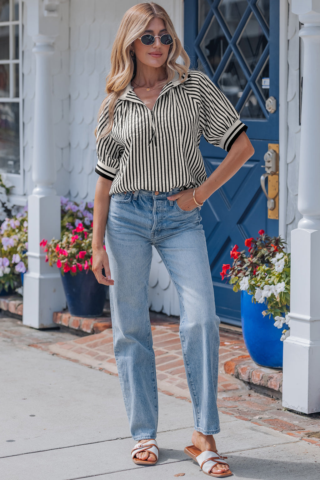 Black Stripe Polo Collar Half Zip Short Puff Sleeve Blouse Dear-Lover Dropshipping Tops/Blouses & Shirts