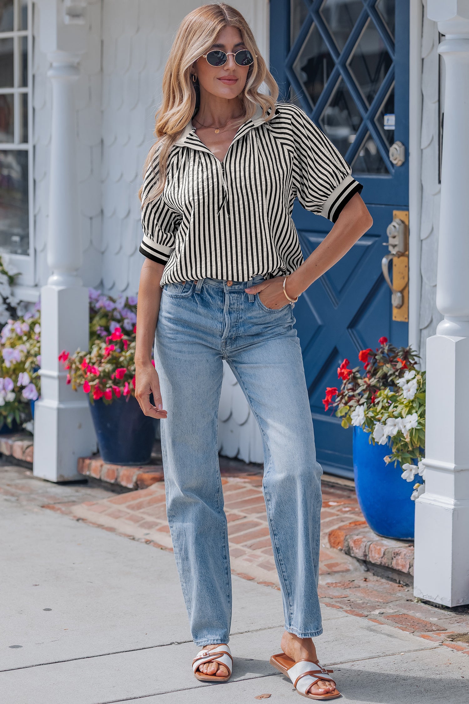 Black Stripe Polo Collar Half Zip Short Puff Sleeve Blouse Dear-Lover Dropshipping Tops/Blouses & Shirts