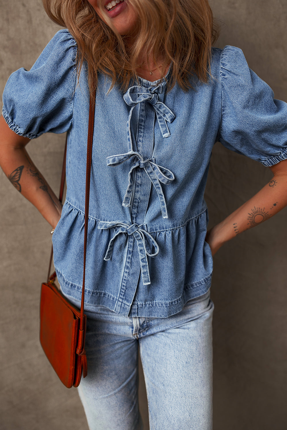 Blue Bow Front Bubble Sleeve Peplum Denim Shirt