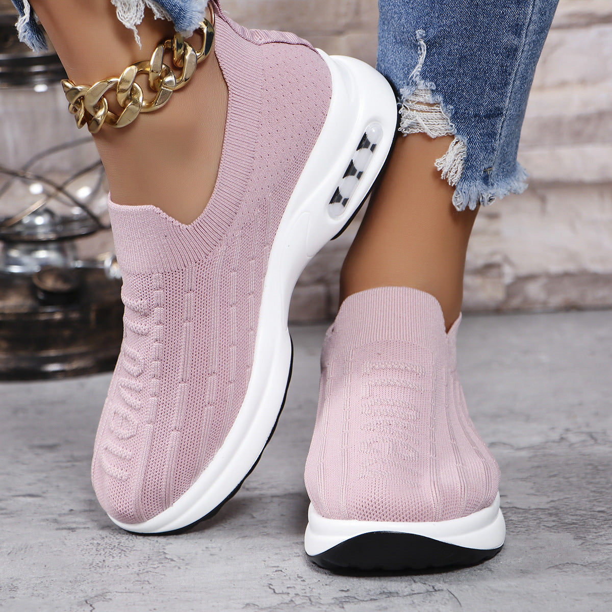 Pink Round Toe Knit Detail Slip On Shoe