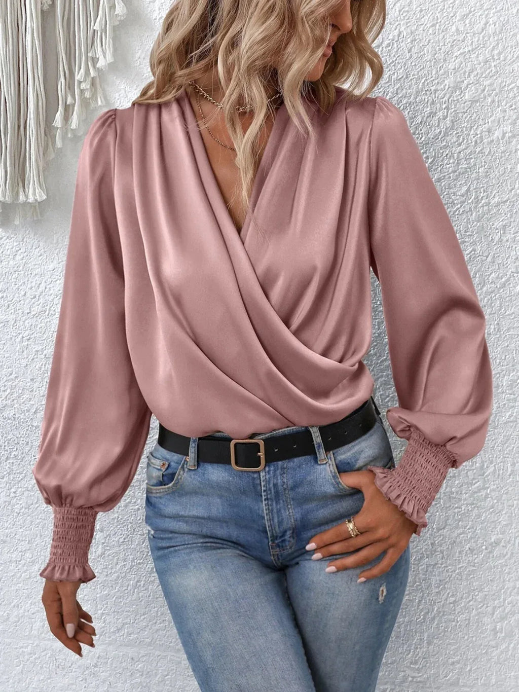 Surplice Smocked Lantern Sleeve Blouse Bazaare Mart Surplice Smocked Lantern Sleeve Blouse