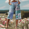 Women’s Retro Floral Patchwork Casual Capri Shorts – Boho Printed Wide Leg Pants DZ222418 FY Blue CJ Dropshipping Patchwork Capris