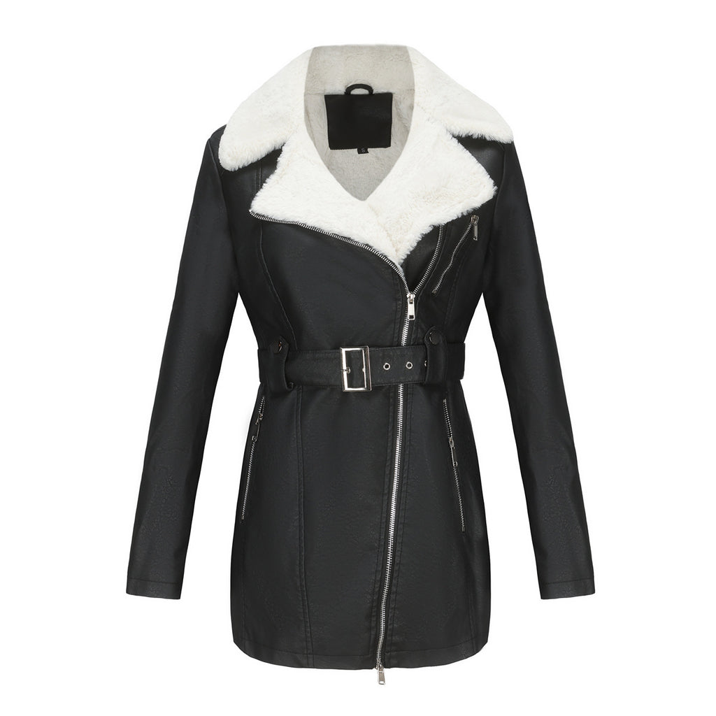 PU Leather and Fleece Belted Jacket
