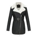 PU Leather and Fleece Belted Jacket Black Bazaare Mart Fleece Leather Belted Coat