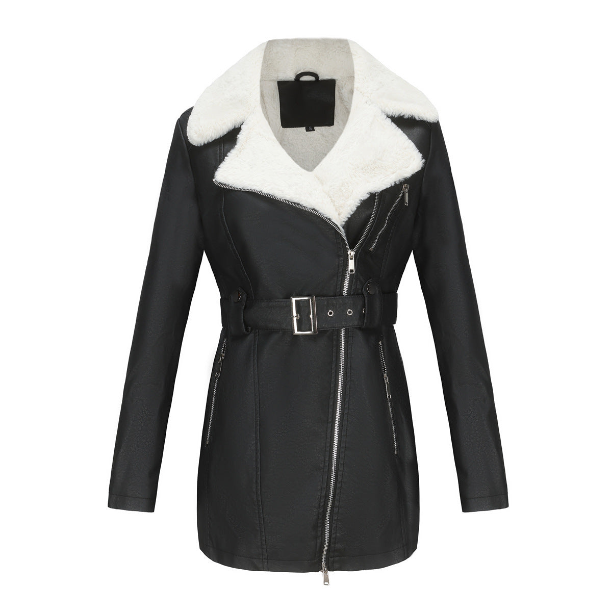 PU Leather and Fleece Belted Jacket
