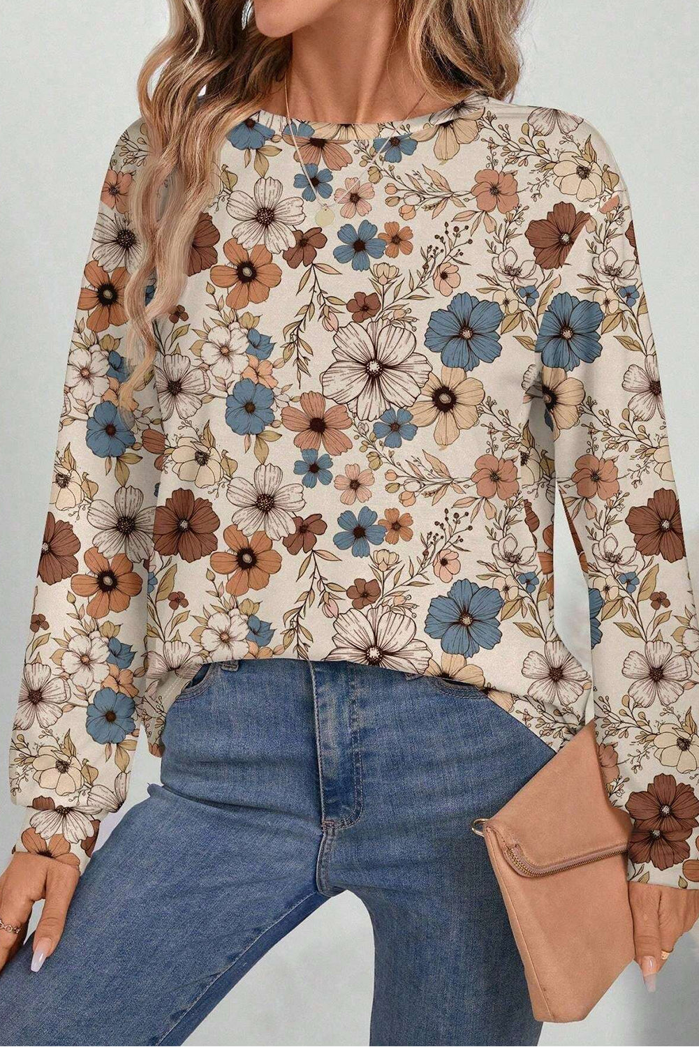 Khaki Floral Print Long Sleeve T Shirt
