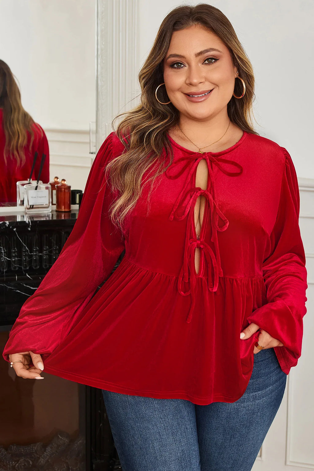 Red Tie Front Velvet Peplum Blouse Bazaare Mart Plus Size/Plus Size Tops/Plus Size Blouses & Shirts