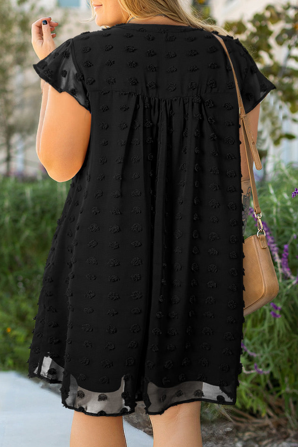 Black Dotty Textured Notched Neck Cap Sleeve Dress