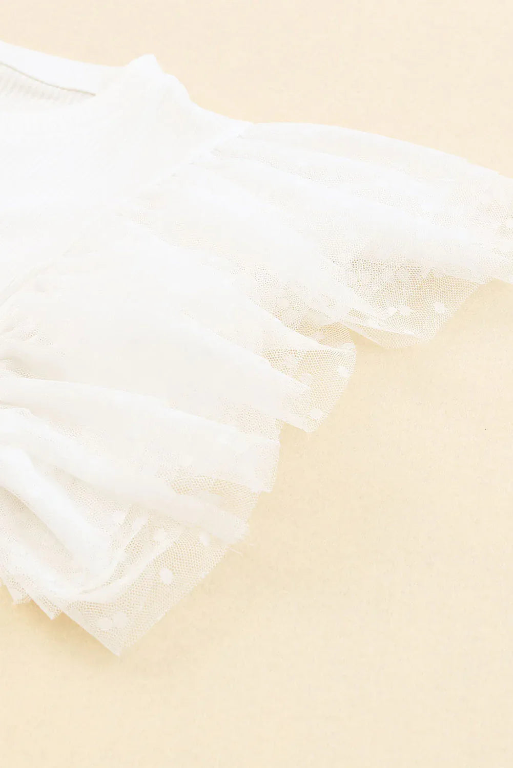 White Dotty Mesh Ruffle Sleeve Ribbed Knit Top Dear-Lover Dropshipping Tops/Tops & Tees