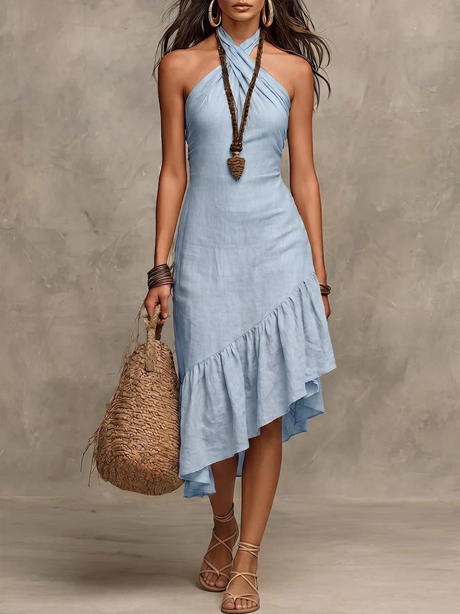 Wrap Neck Asymmetric Ruffle Hem Halter Dress Light Blue CJ Dropshipping Asymmetric Ruffled Hem Halter Dress