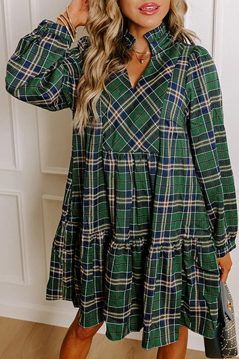 Green Plaid Long Sleeve Mini Dress Bazaare Mart Dresses/Mini Dresses