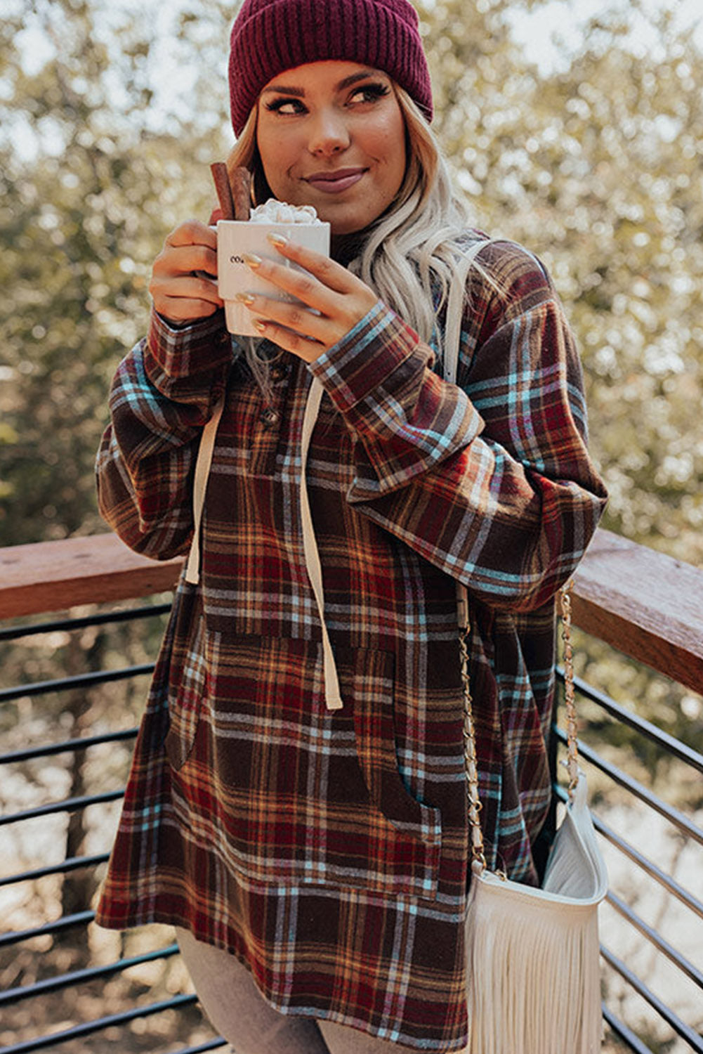 Red & Brown Plus Size Plaid Kangaroo Pocket Drawstring Hoodie