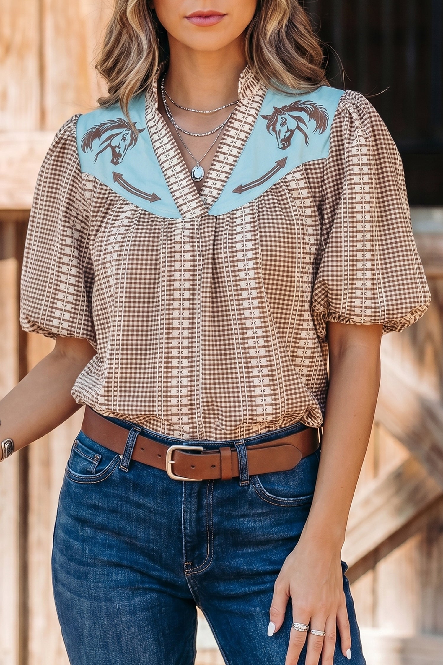 Western Horse Embroidered Gingham Blouse – Puff Sleeve Rustic Summer Top Dear-Lover Dropshipping Tops/Blouses & Shirts