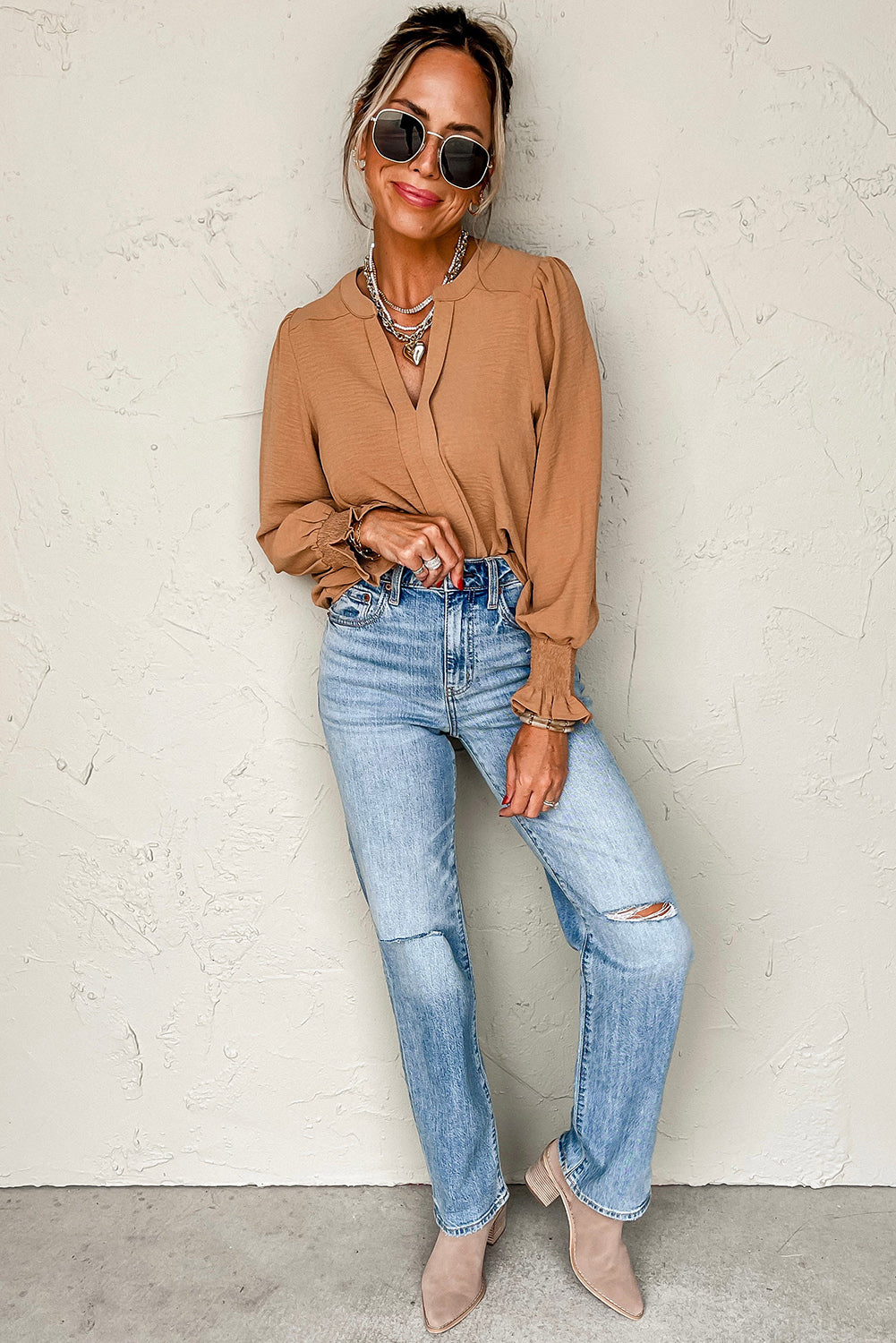 Khaki Long Sleeve Shirred Cuff V Neck Blouse