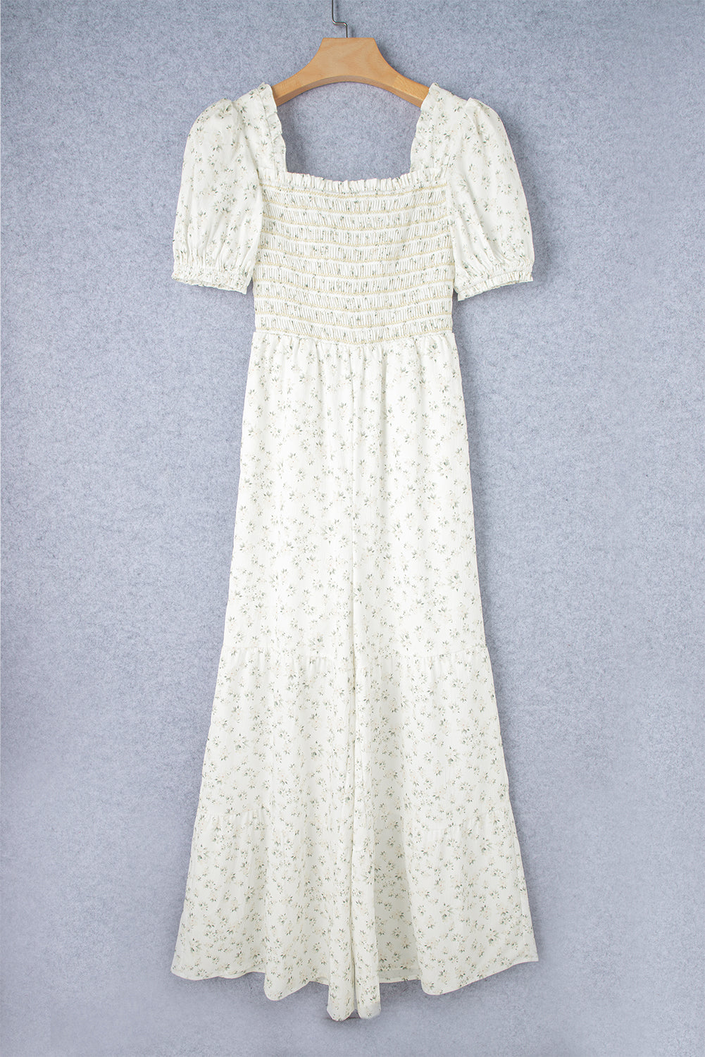 White Floral Smocked Wide Leg Short Puff Sleeve Jumpsuit