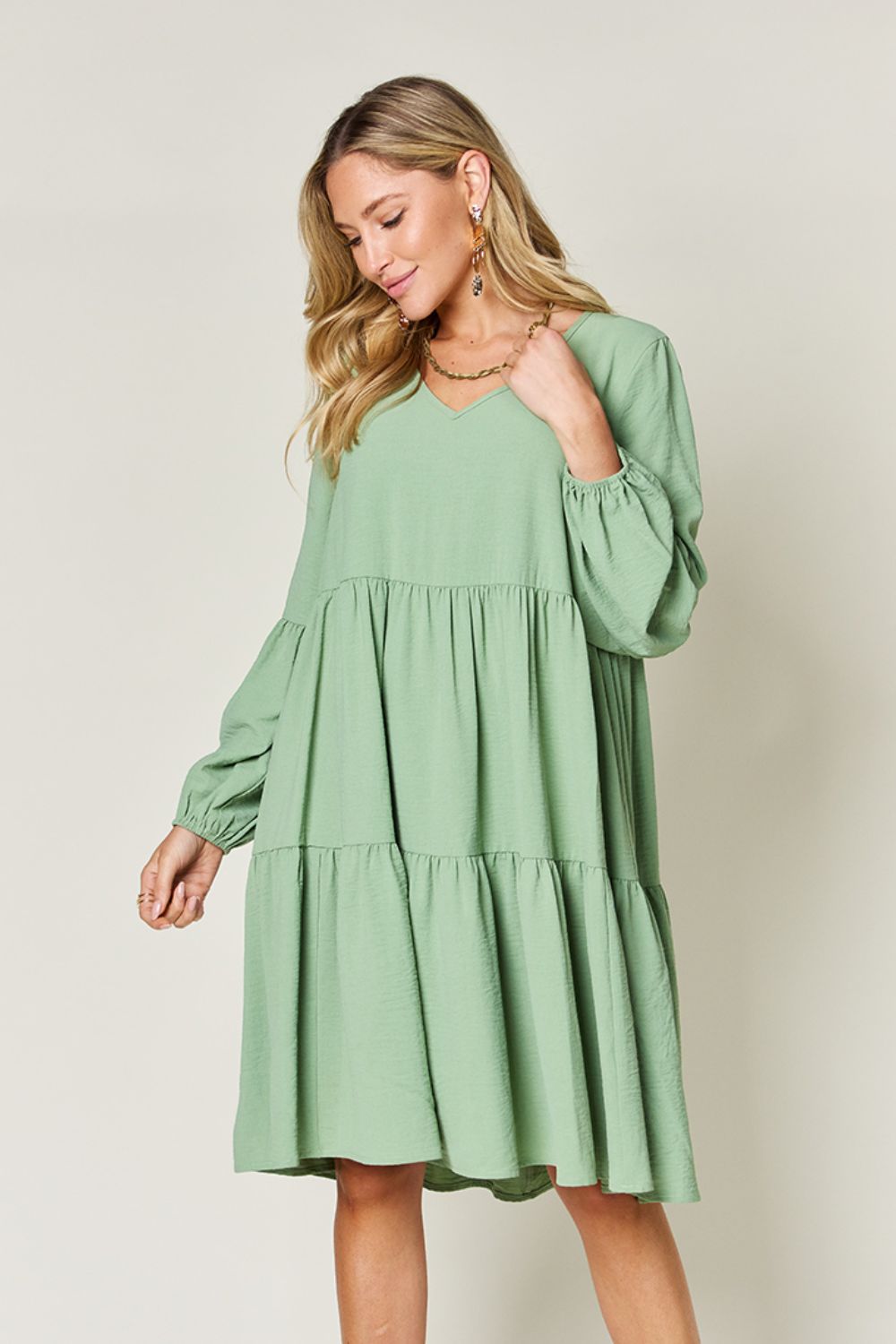 Lime V-Neck Balloon Sleeve Tiered Dress with Pockets