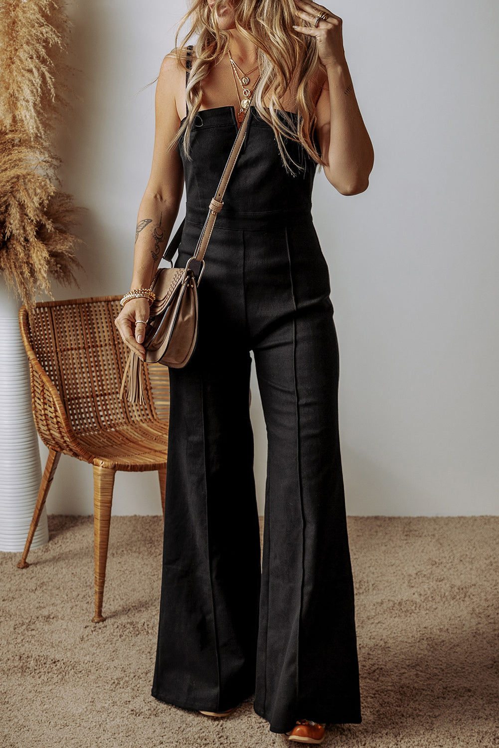 Black Seamed Zipper Spaghetti Strap High Waist Flared Denim Jumpsuit