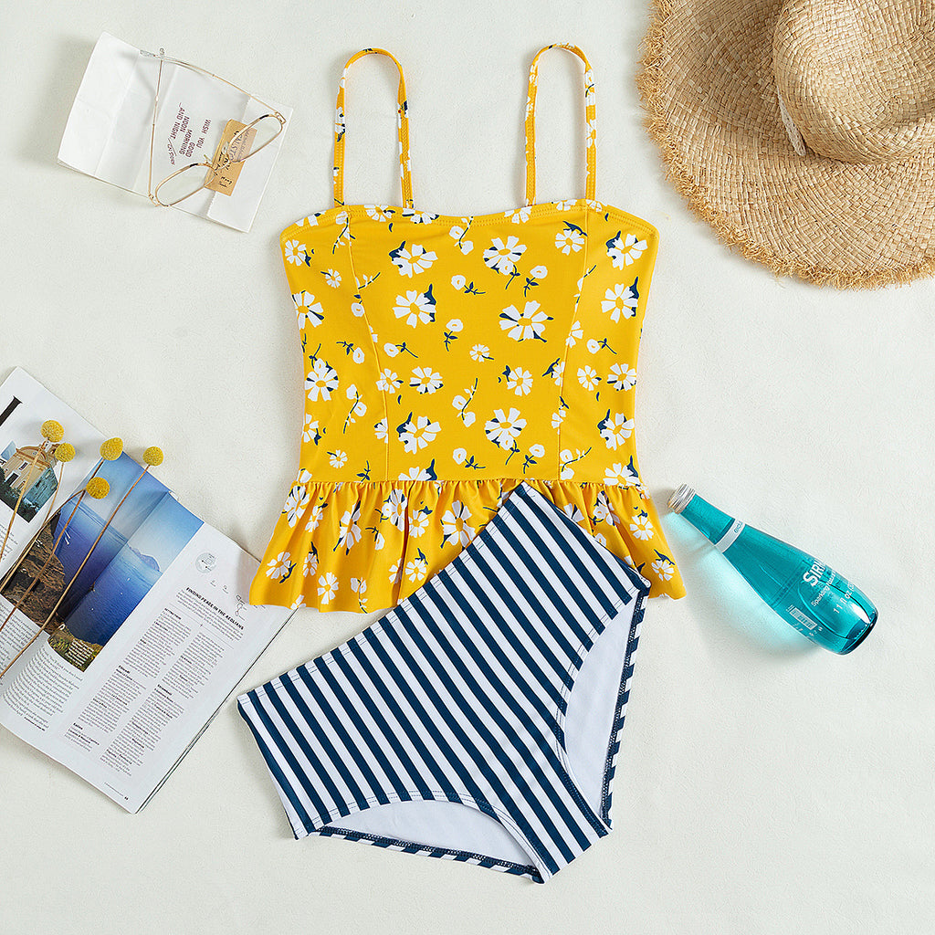 Yellow Flower with Navy Striped bottoms Tankini