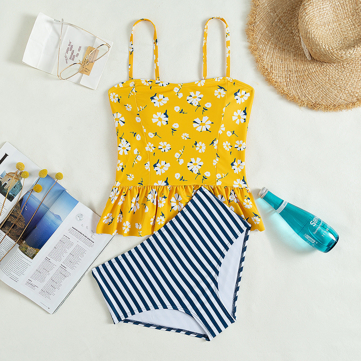 Yellow Flower with Navy Striped bottoms Tankini