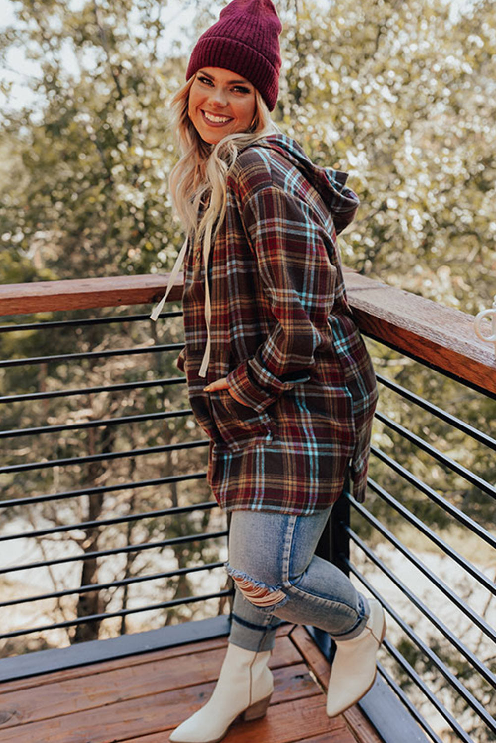 Red & Brown Plus Size Plaid Kangaroo Pocket Drawstring Hoodie