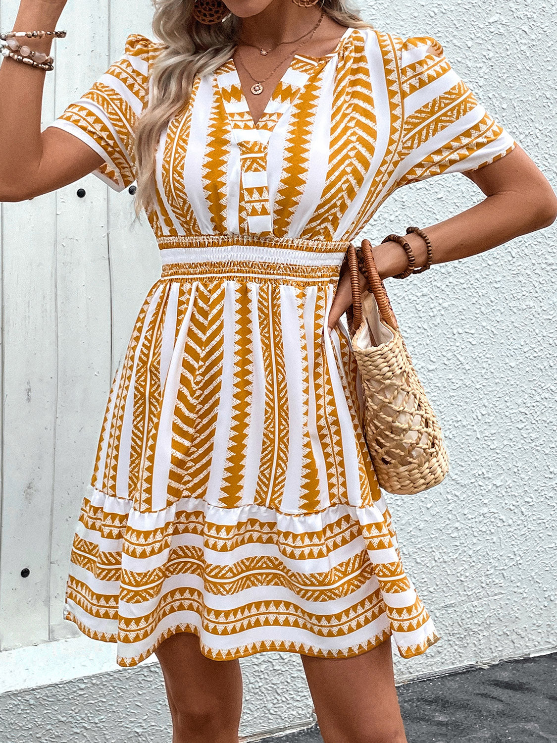 Gold Geometric Notched Short Sleeve Mini Dress