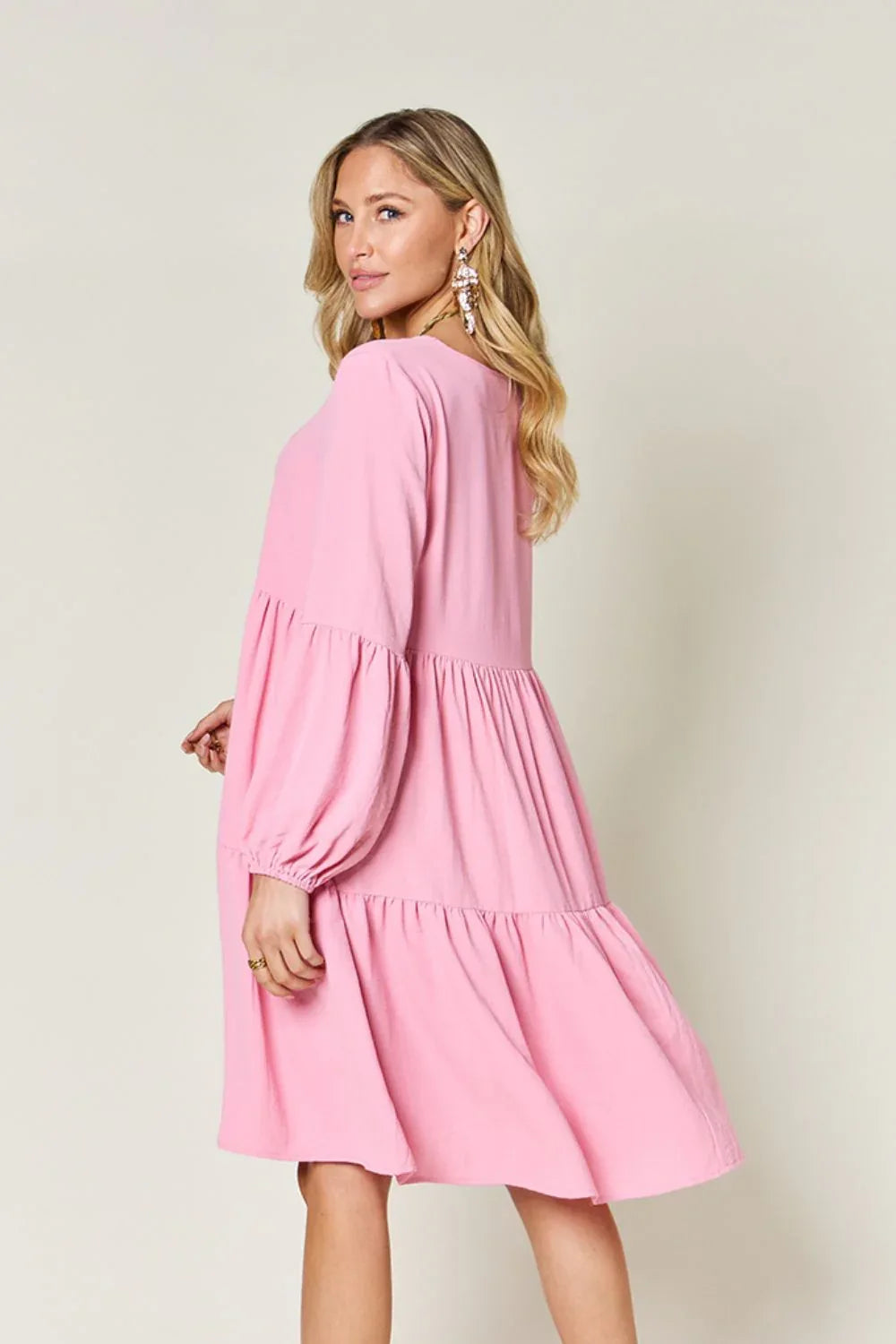 Solid V-Neck Long Balloon Sleeve Tiered Dress Bazaare Mart Long Sleeve Layered Dress