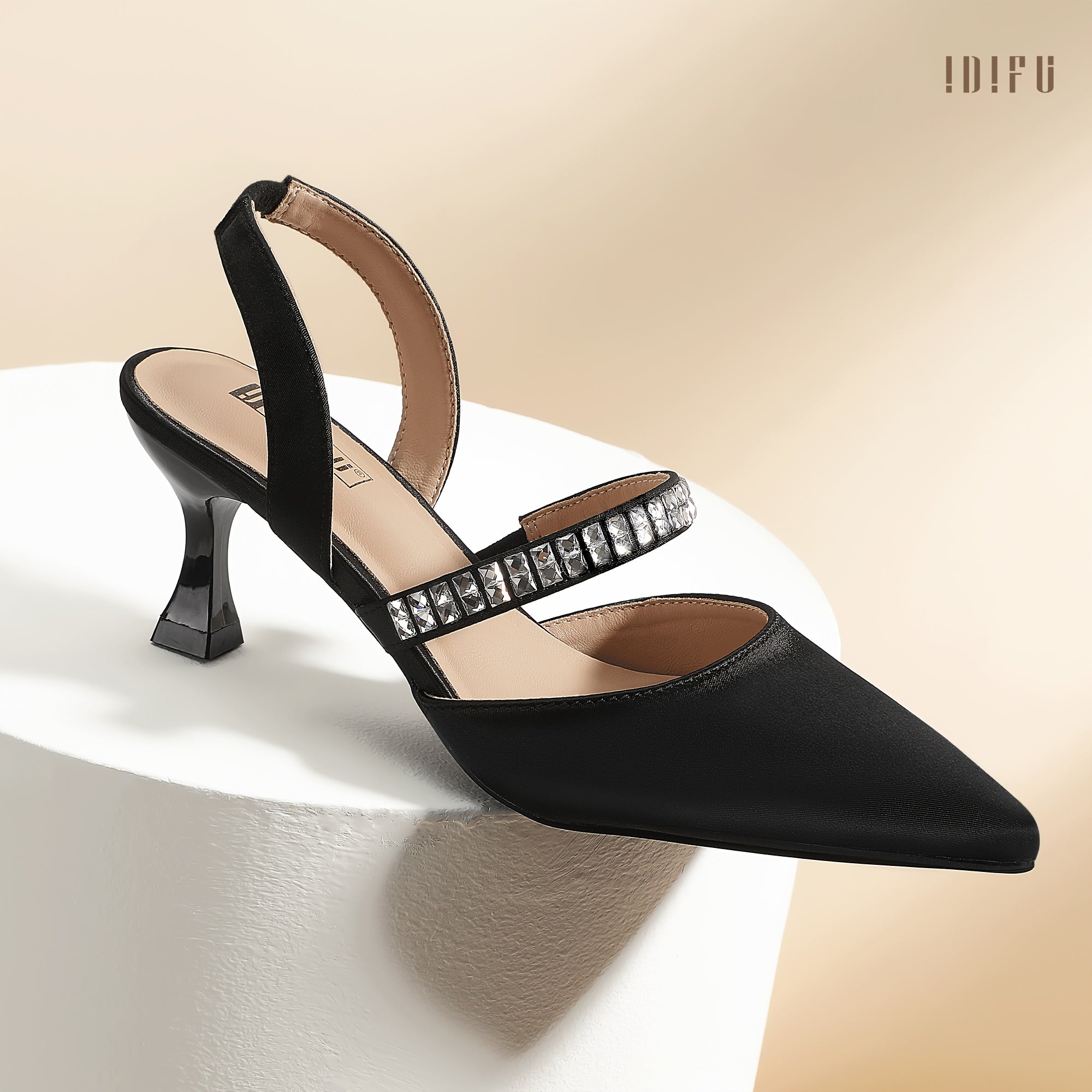 Black Elegant Rhinestone-Embellished Pointed Toe Half Heel Strappy Shoes