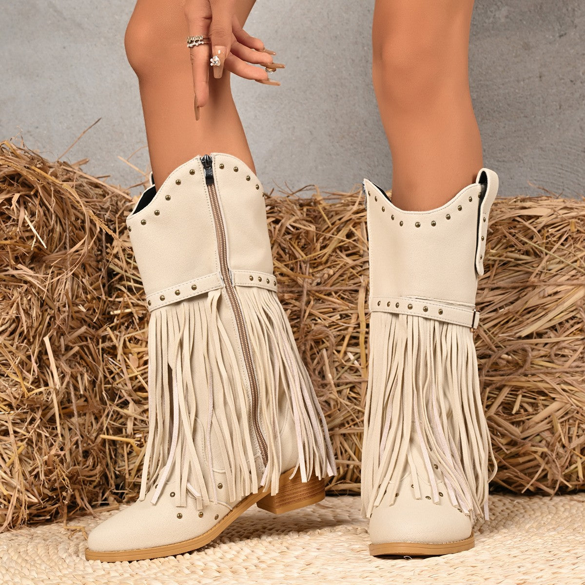 Western Cowboy Tassel Boots – Belt Buckle Rivet Mid-Calf Cowgirl Boots CJ Dropshipping Tasseled Boots