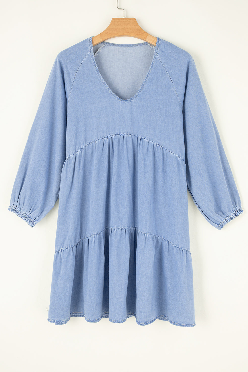 Light Blue 3/4 Puff Sleeve V Neck Tiered Ruffled Chambray Mini Dress