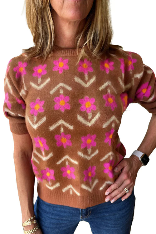 Brown Floral Short Sleeve Sweater Shewin Short Sleeve Sweater