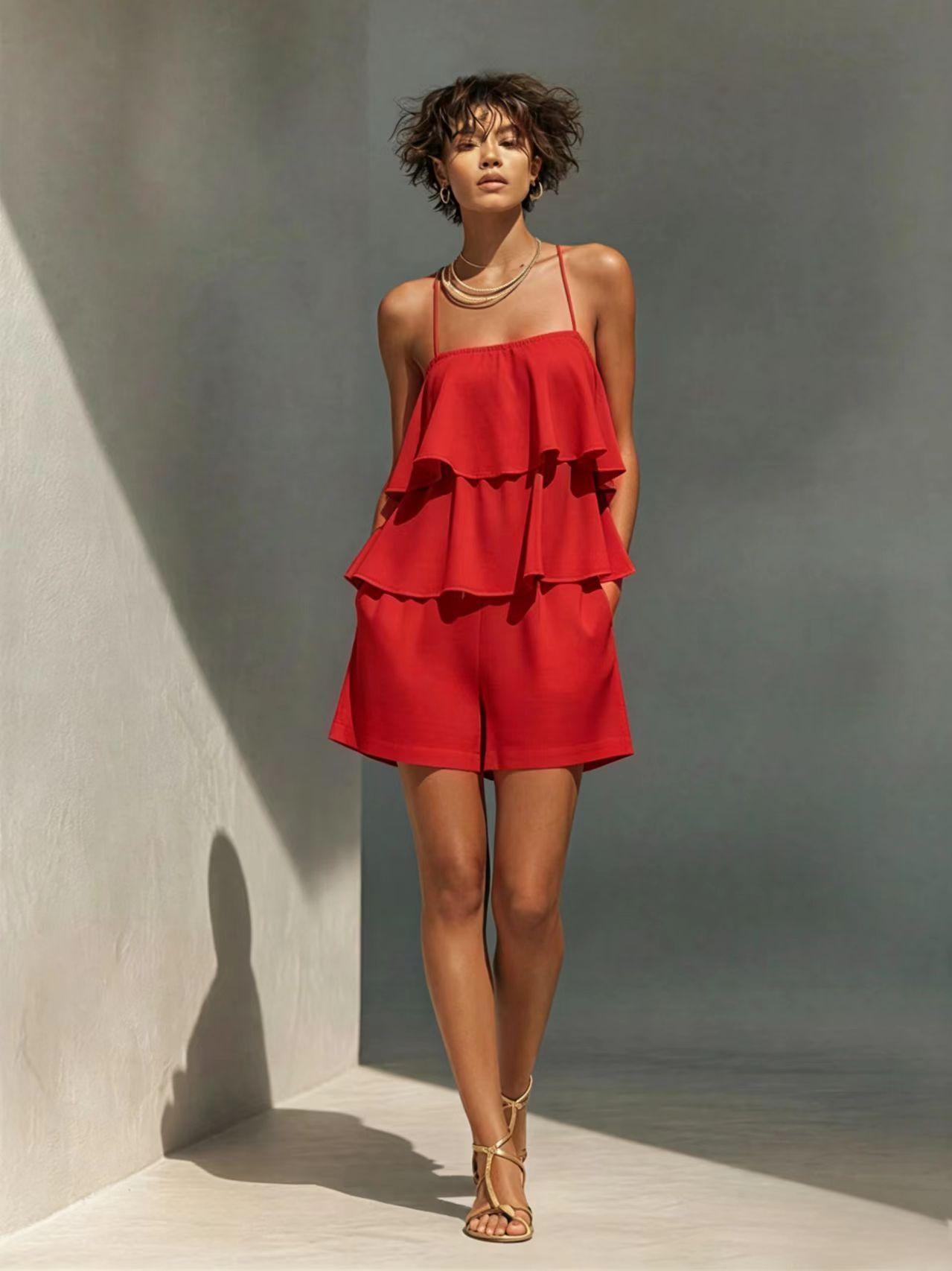 Women’s Ruffle Camisole & Shorts Two-Piece Set Red CJ Dropshipping Ruffled Camisol Shorts Set