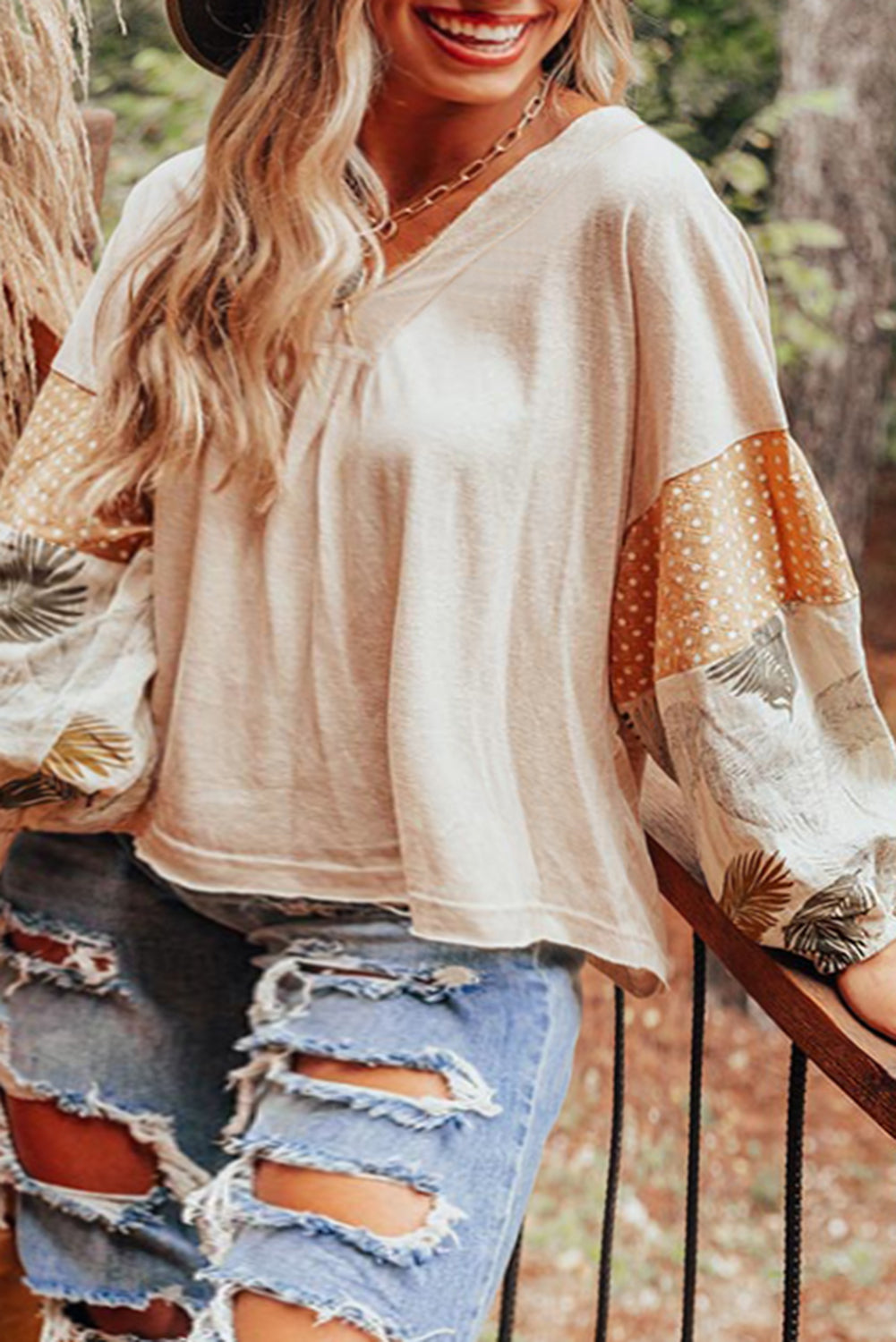 Puff Sleeve Patchwork V Neck Loose Blouse