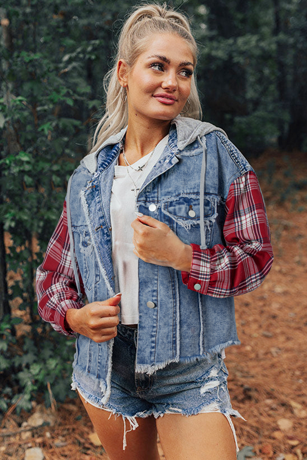 Blue Denim with Red Plaid Patchwork Hooded Raw Hem Jacket