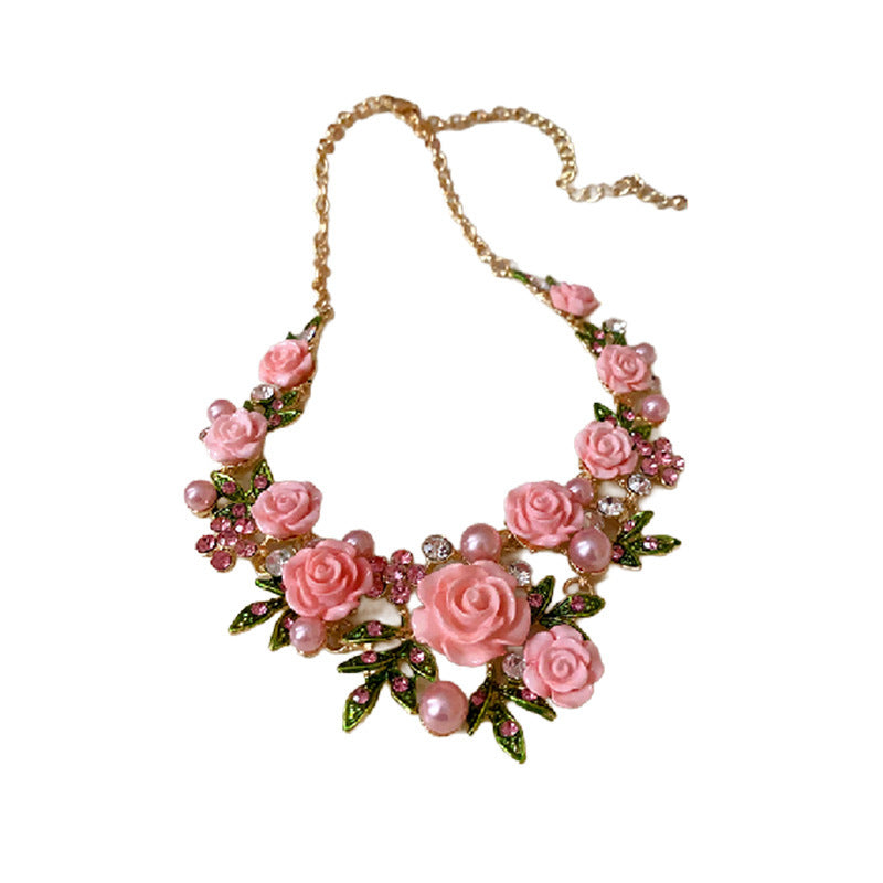 Pearl and Rhinestone-embedded Rose Necklace