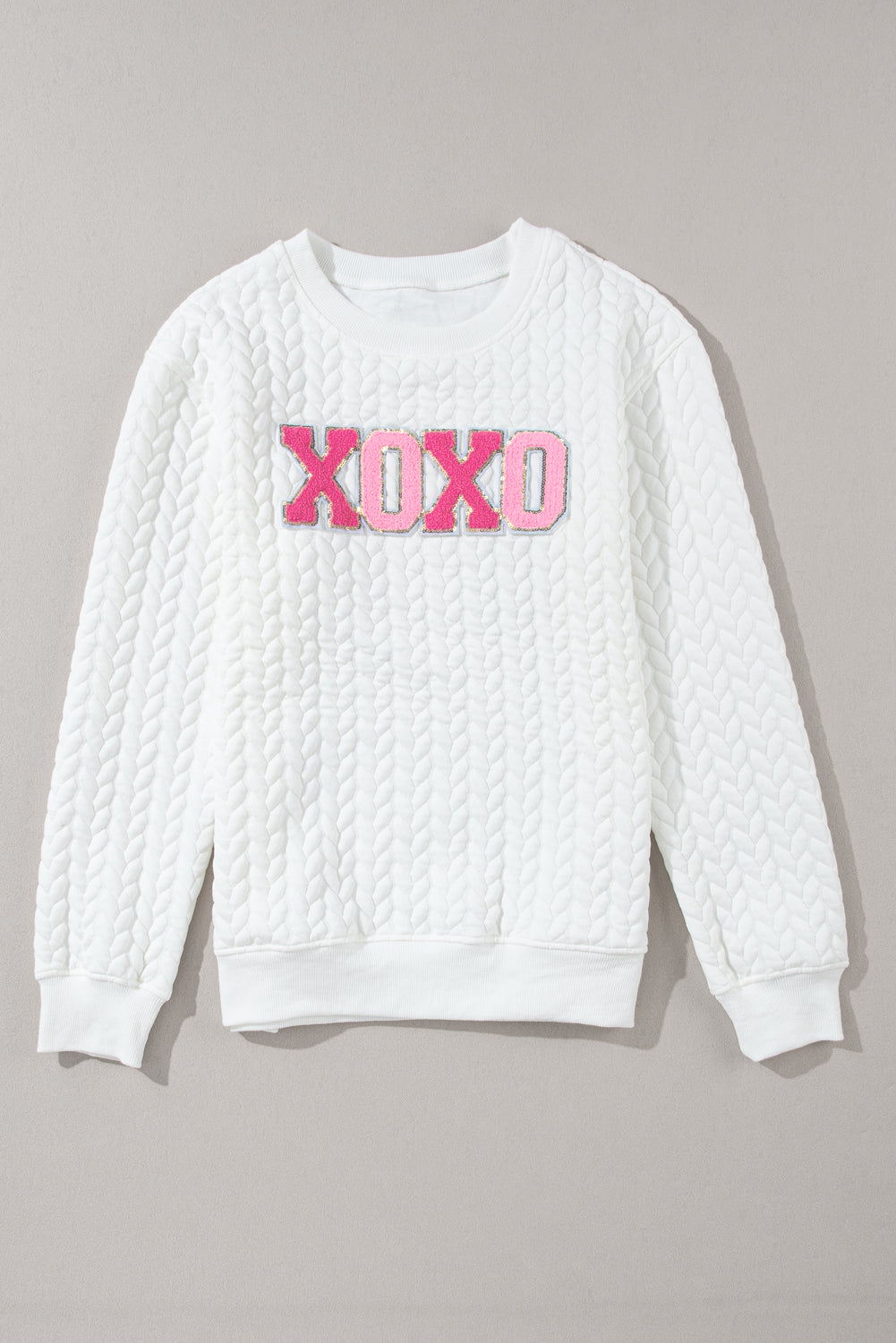 White XOXO Glitter Chenille Cable Knit Pullover Sweatshirt