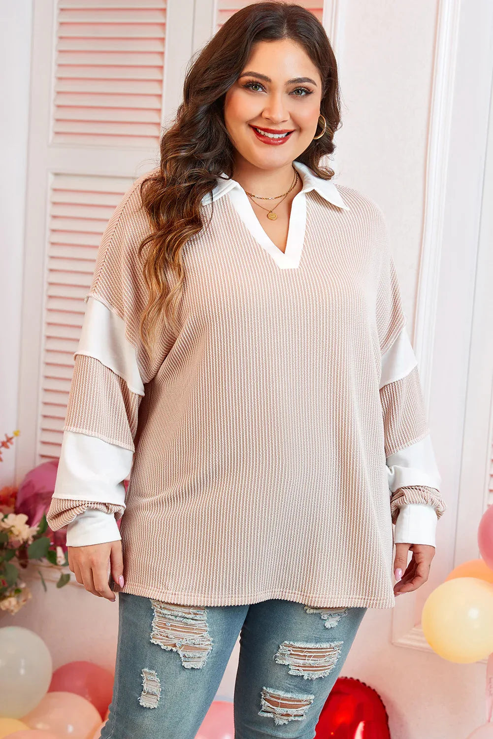 Parchment Corded Colorblock Long Sleeve Top Dear-Lover Dropshipping Plus Size/Plus Size Tops/Plus Size Long Sleeve Tops