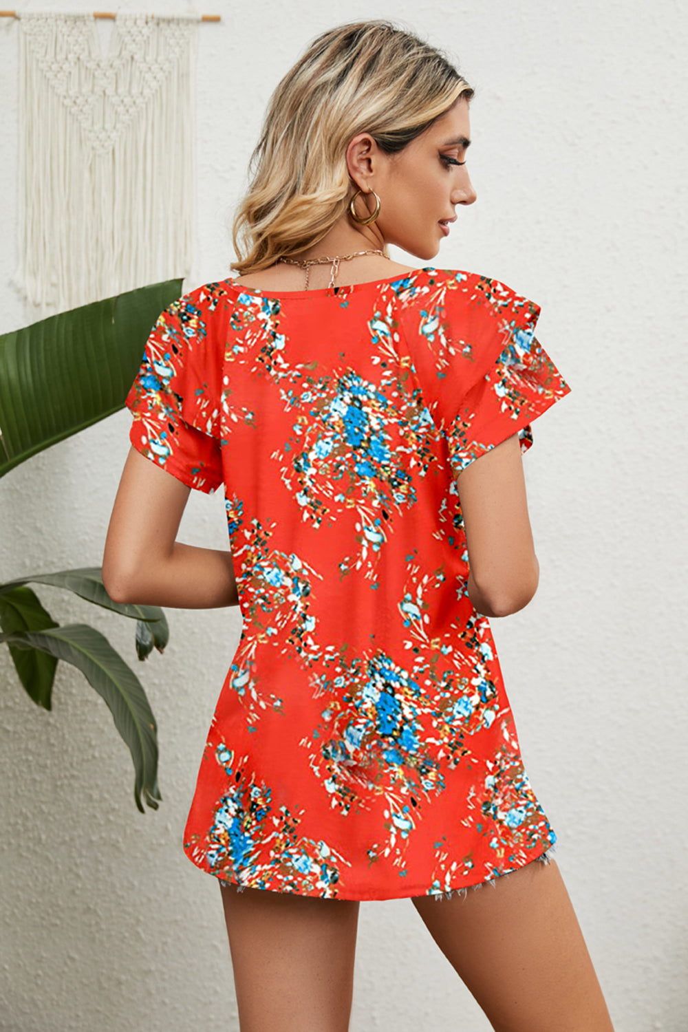 Back of Red Floral Layered Flutter Short Sleeve V-Neck Top