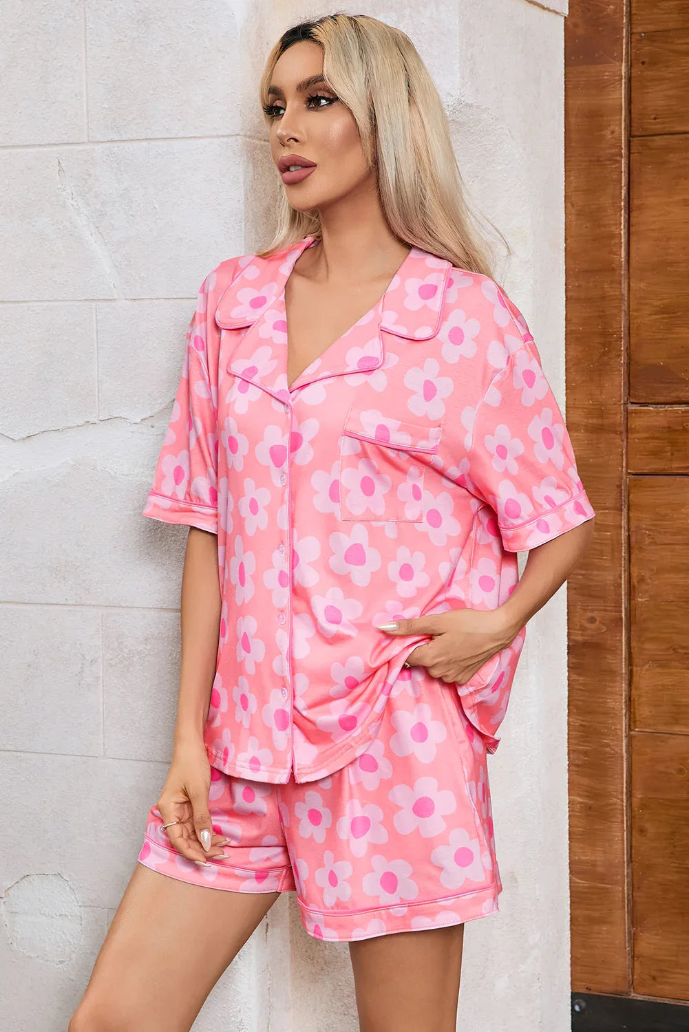 Pink Flower Print Short Sleeve Shirt Pajamas Set Bazaare Mart Loungewear & Sleepwear/Sleepwear