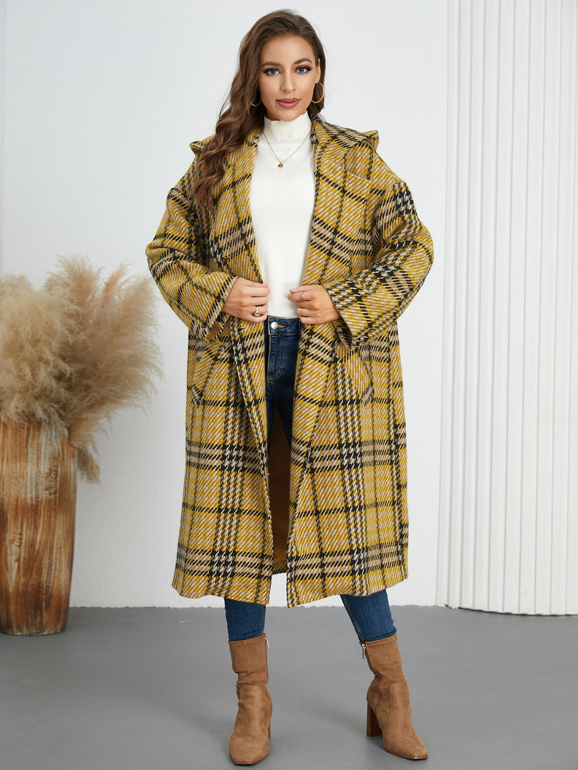 Plaid Double-Breasted Hooded Dress Coat