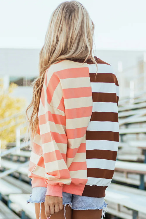 Brown Stripe Color Block Drop Shoulder Pullover Sweatshirt Bazaare Mart Tops/Sweatshirts & Hoodies