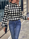 Checkered Pattern Balloon Sleeve Mock Neck Blouse Black Bazarre Mart Checkered Pattern Balloon Sleeve Blouse