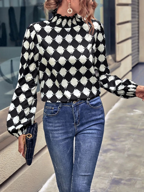 Checkered Pattern Balloon Sleeve Mock Neck Blouse Black Bazarre Mart Checkered Pattern Balloon Sleeve Blouse