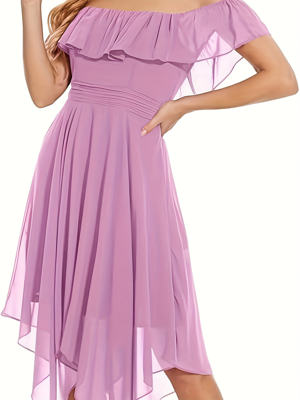 Pink Flowy Off-the-Shoulder Bridesmaid Dress 