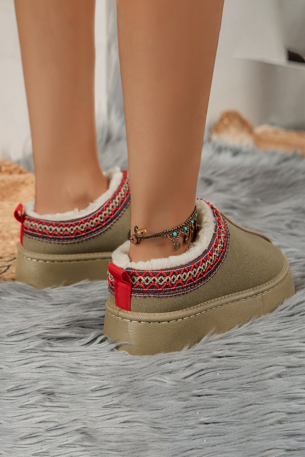 Suede Fur Trim Thick Flat Slippers