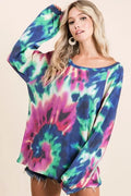 BiBi Dark Tie-Dye Terry Top with Long Puff Sleeves FUCHSIA DENIM Bazarre Mart Dark Tie-Dye Long Sleeve Oversized Shirt
